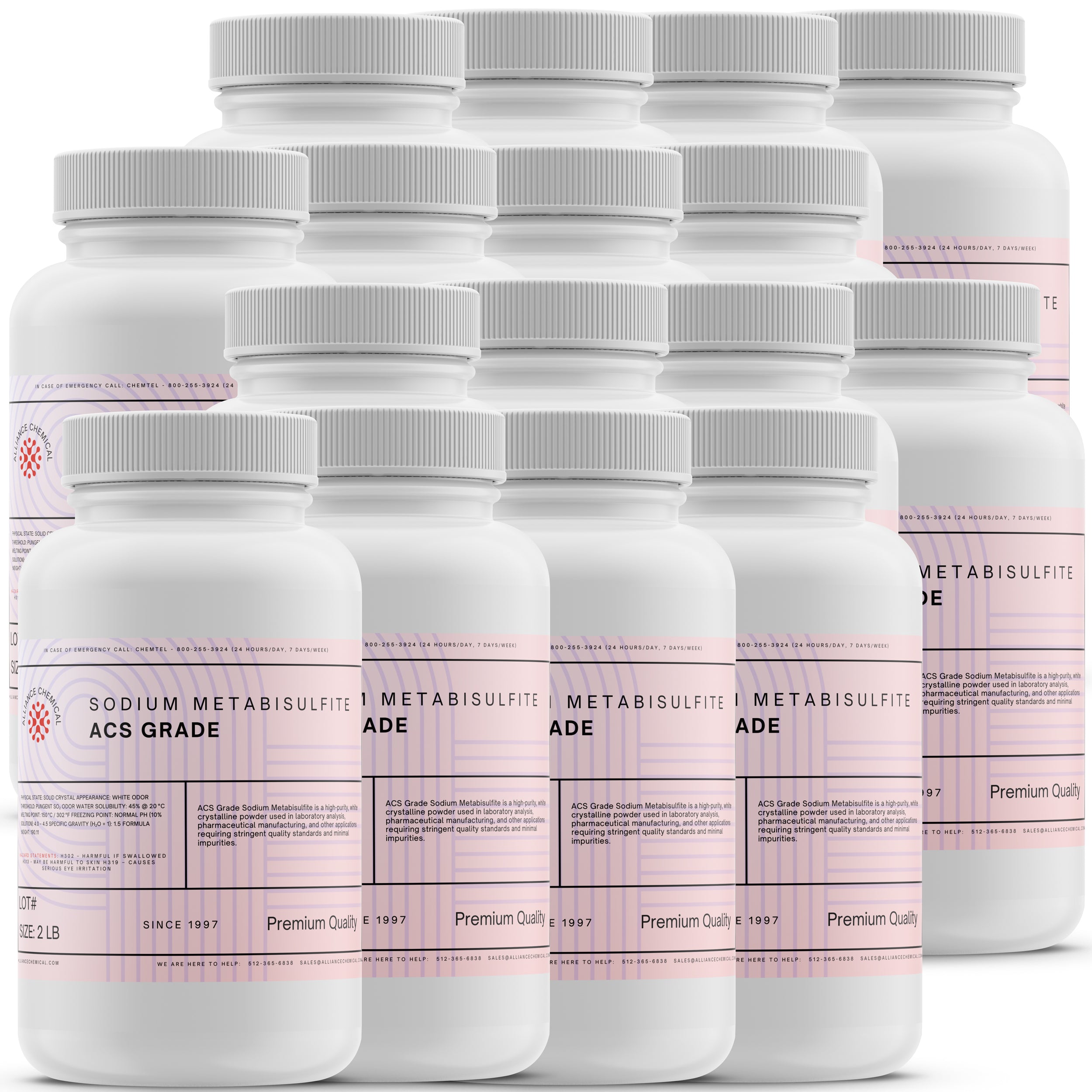 Alliance Chemical sodium metabisulfite ACS grade in white 2-pound plastic container with gray cap